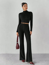 Mock Neck Crop Tee & Flare Leg Pants Back Two Piece Back Two Piece Set